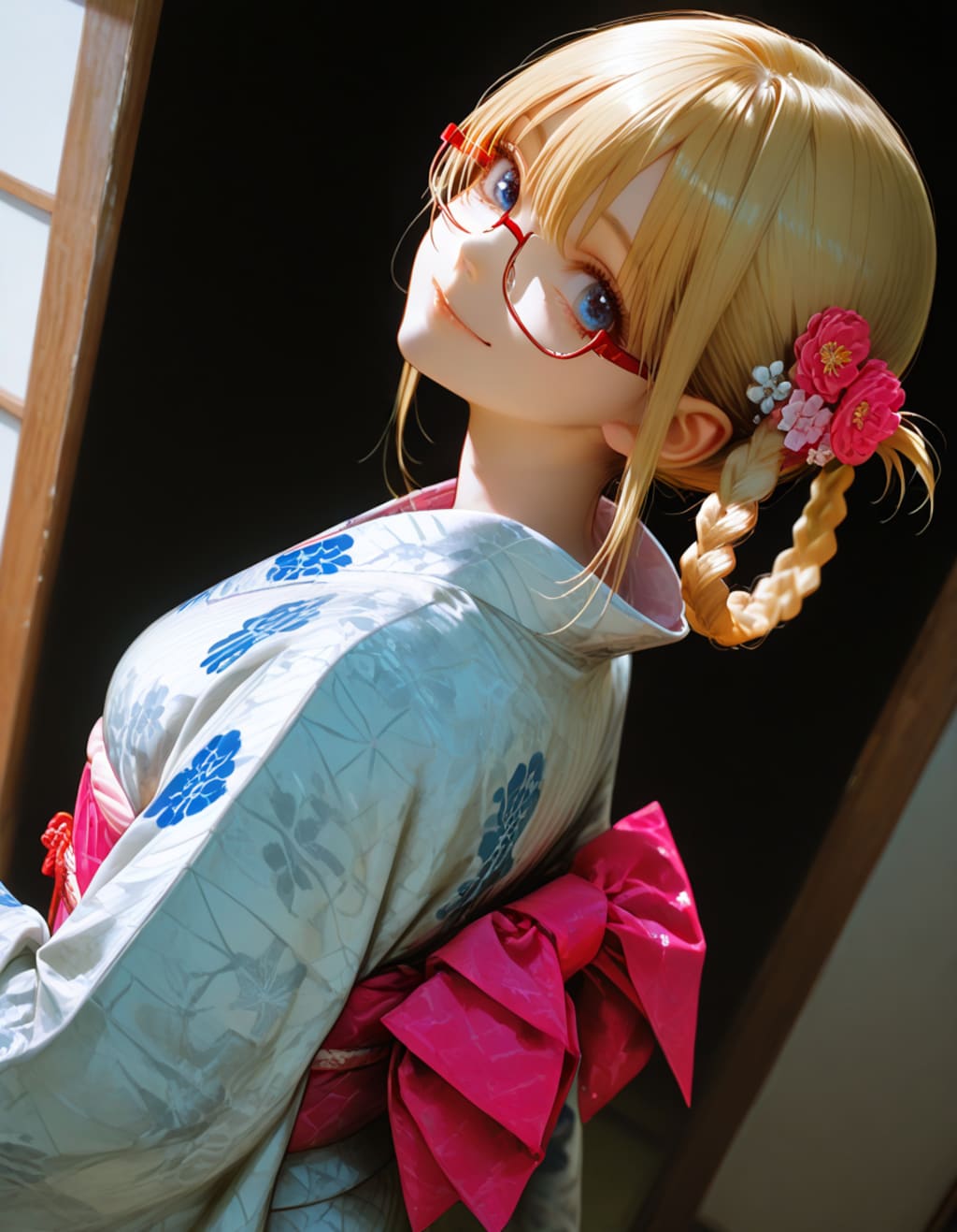 red eyewear, と hair ring,