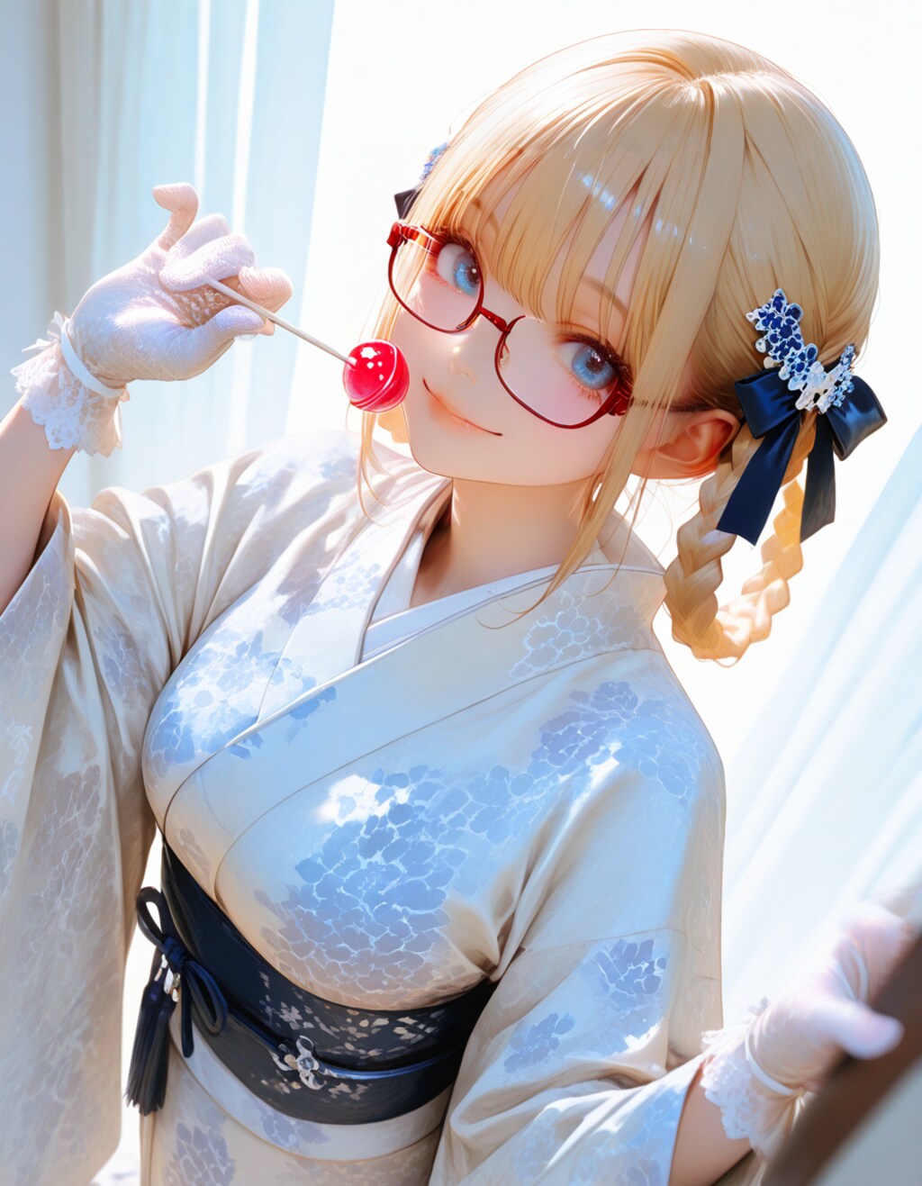 red eyewear, と hair ring,