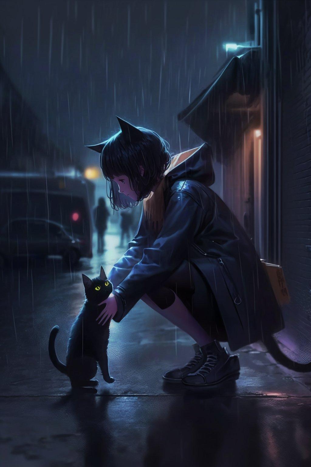 雨、野良黒猫ガール