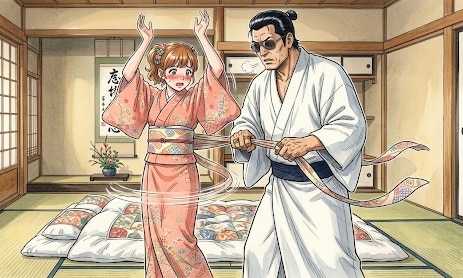 殿様が女中の帯を解くイラストなんですが