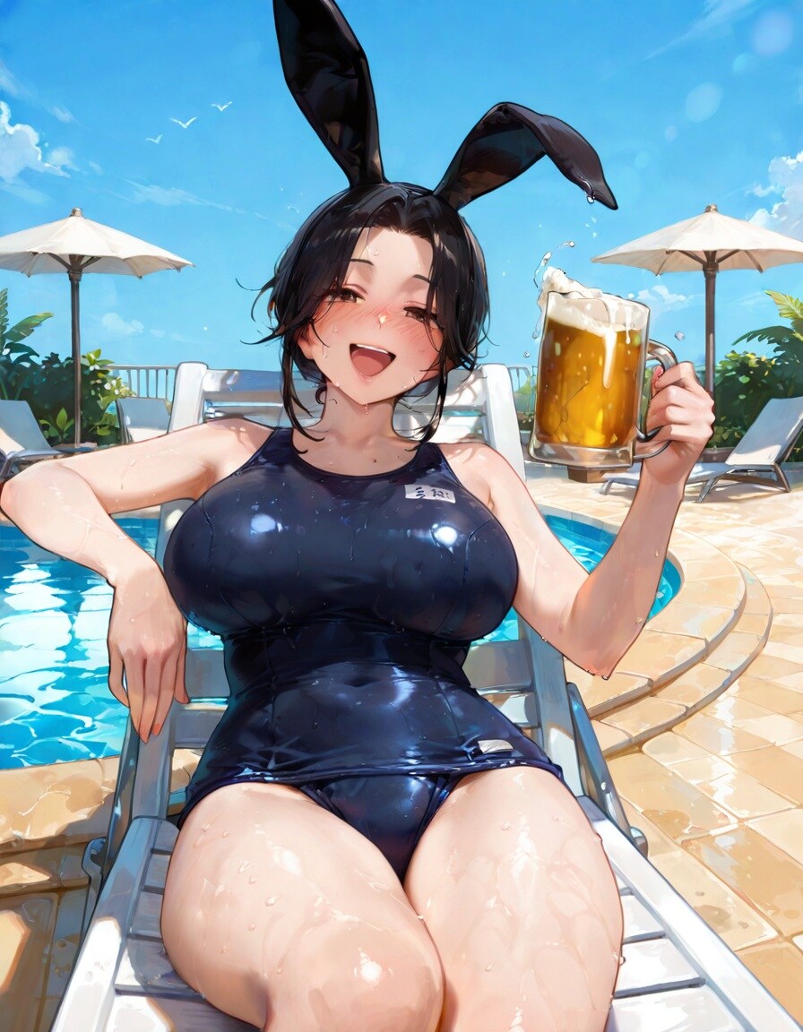 プールでへべれけスク水バニーおばさん