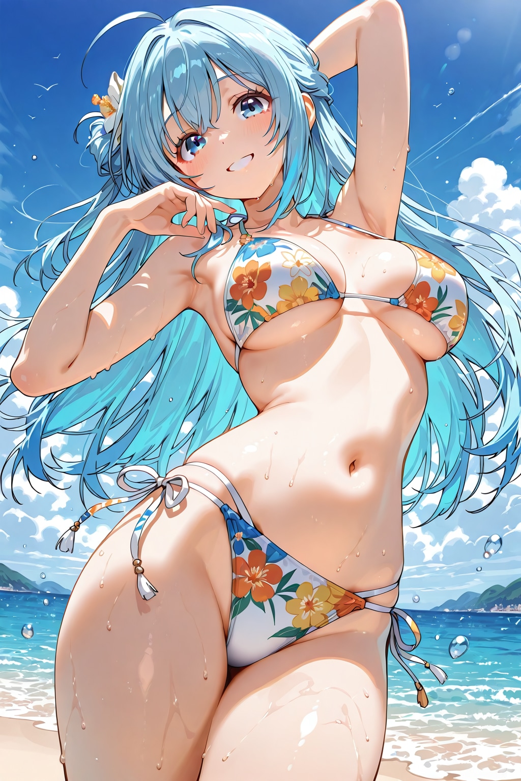 青髪ロング美少女 ビキニ 海辺