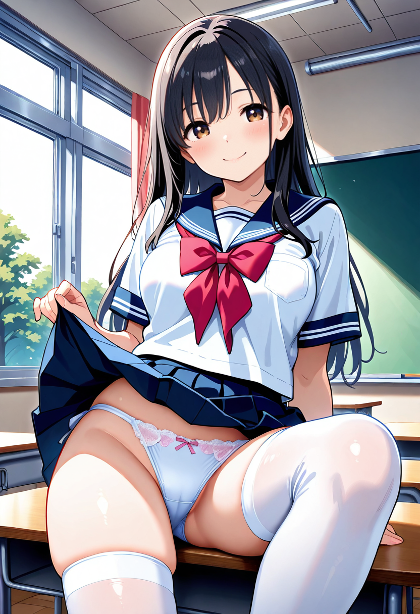 机に座る女子校生