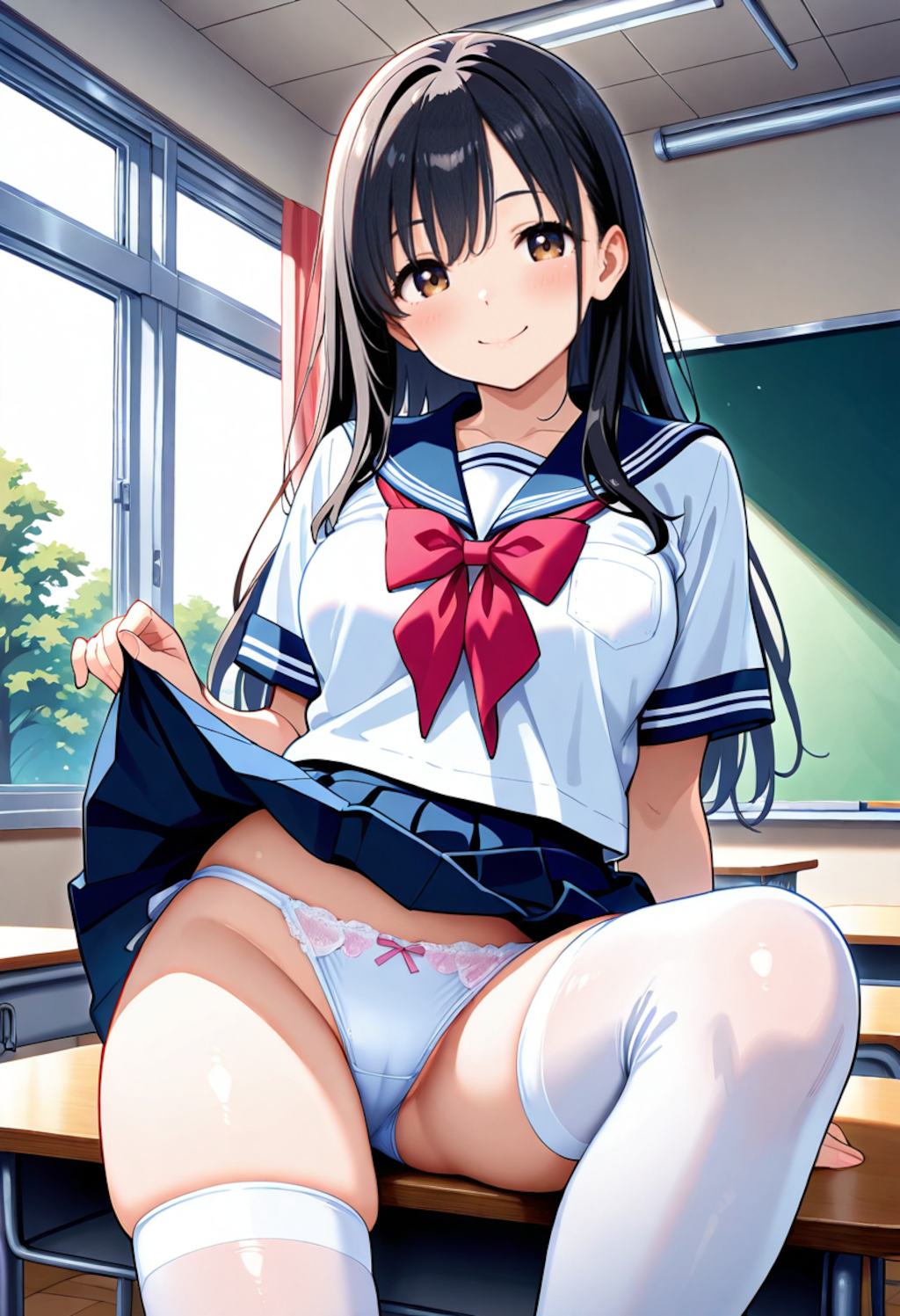 机に座る女子校生