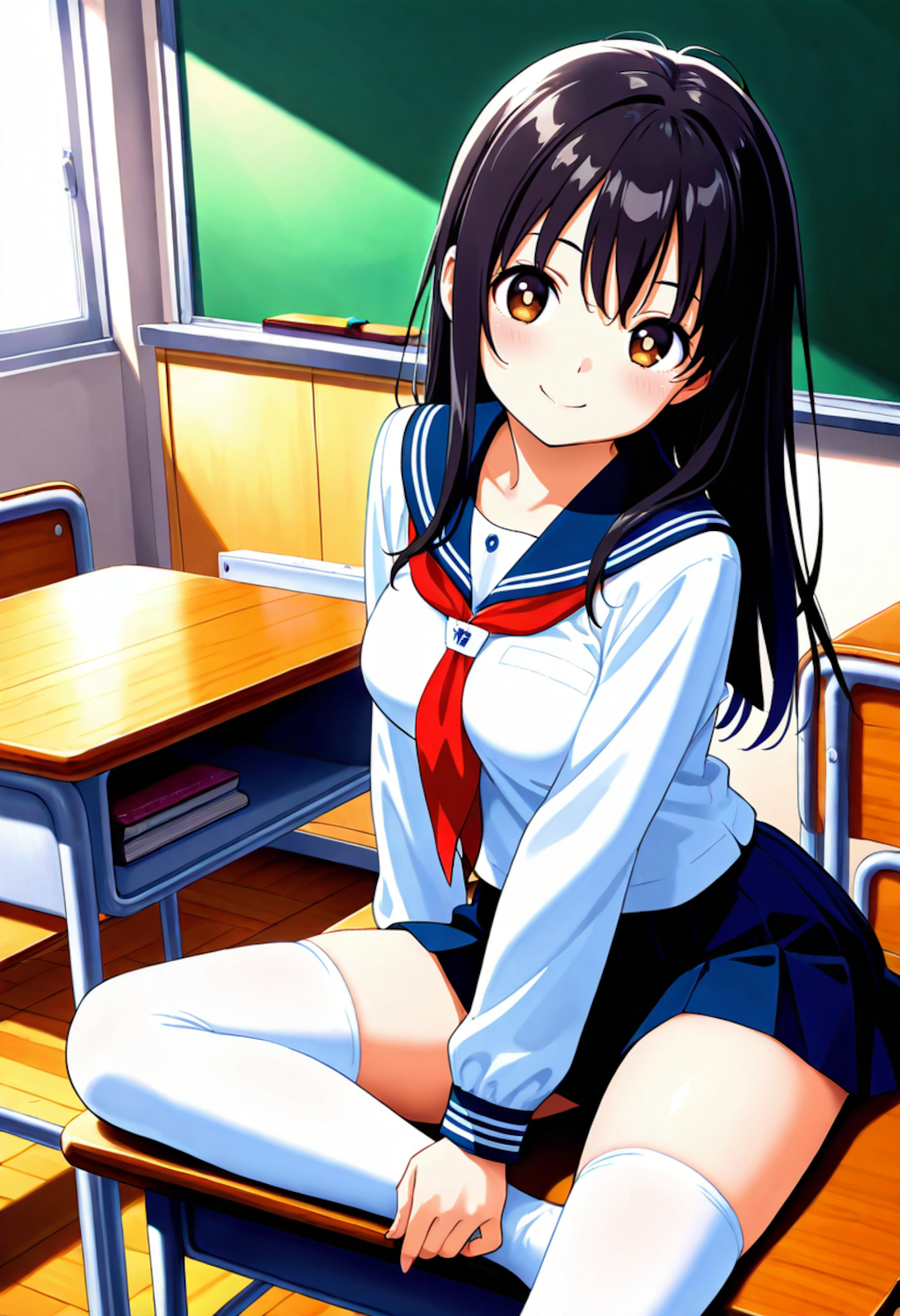 机に座る女子校生