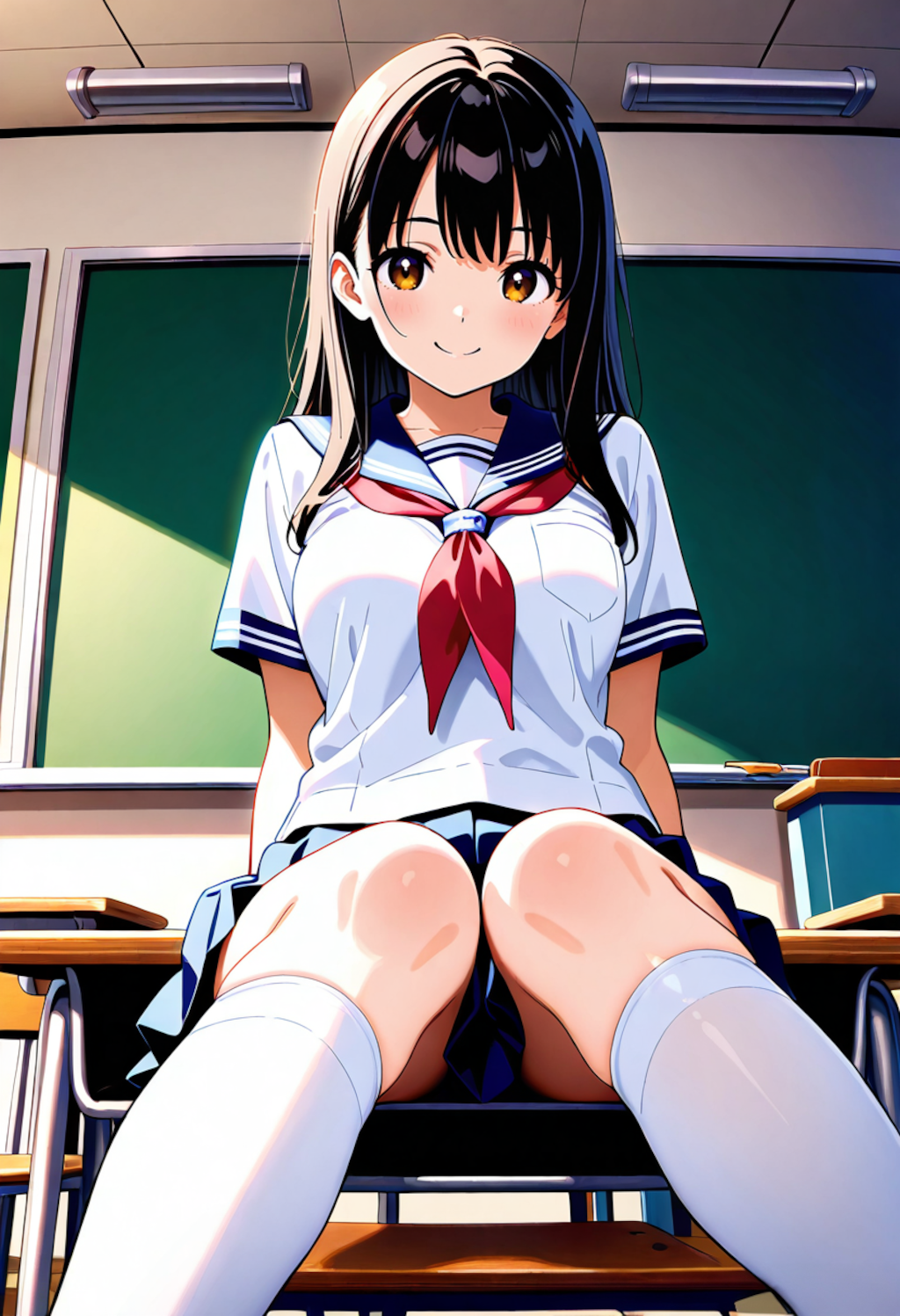 机に座る女子校生