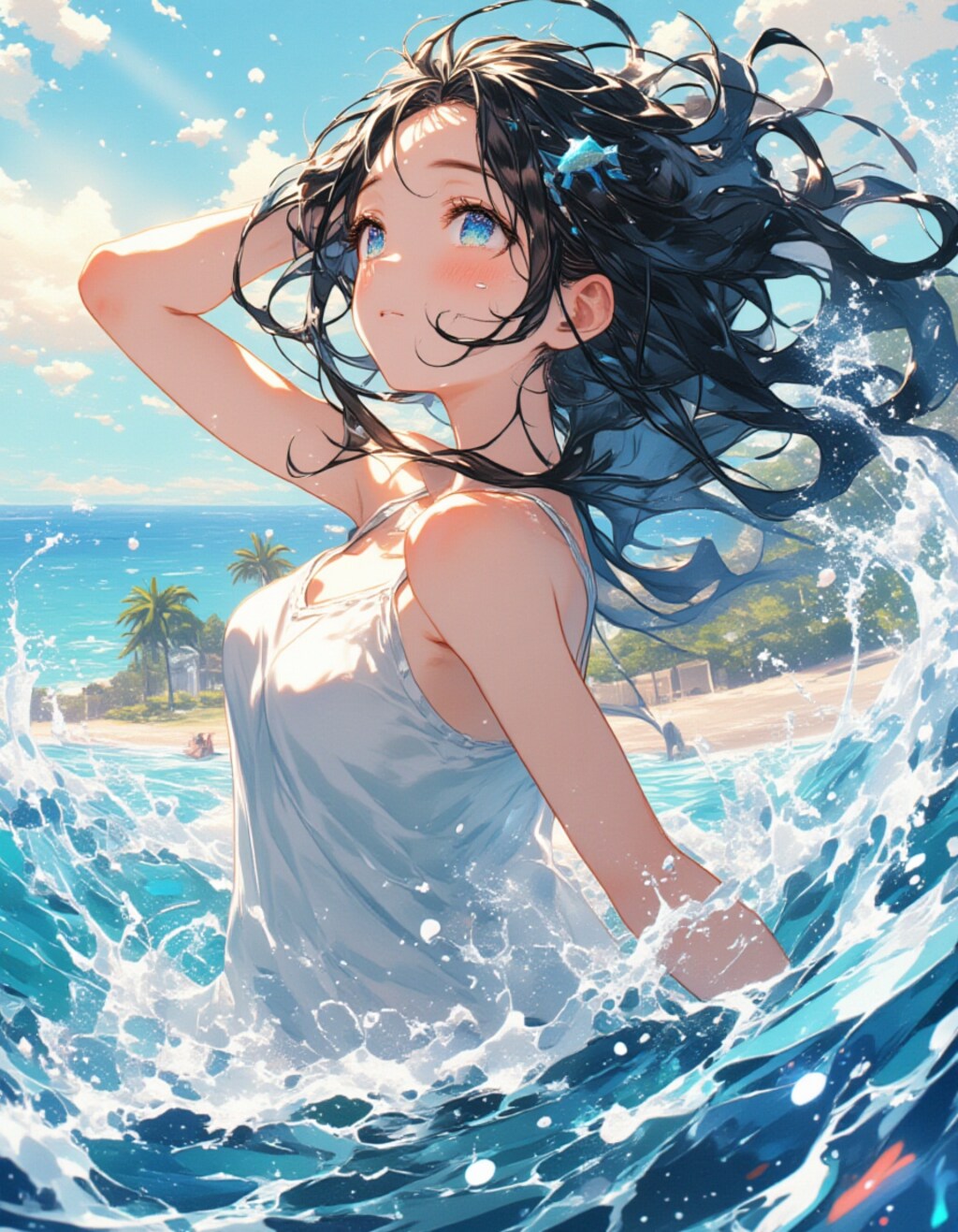 陽光に輝く水飛沫、海辺の少女の瞬き