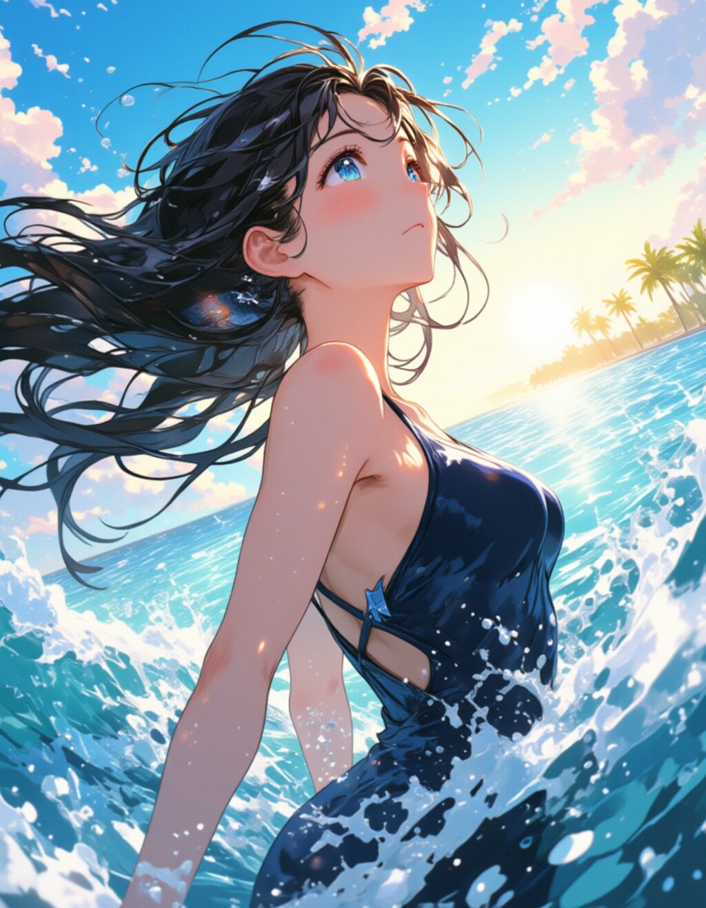 陽光に輝く水飛沫、海辺の少女の瞬き