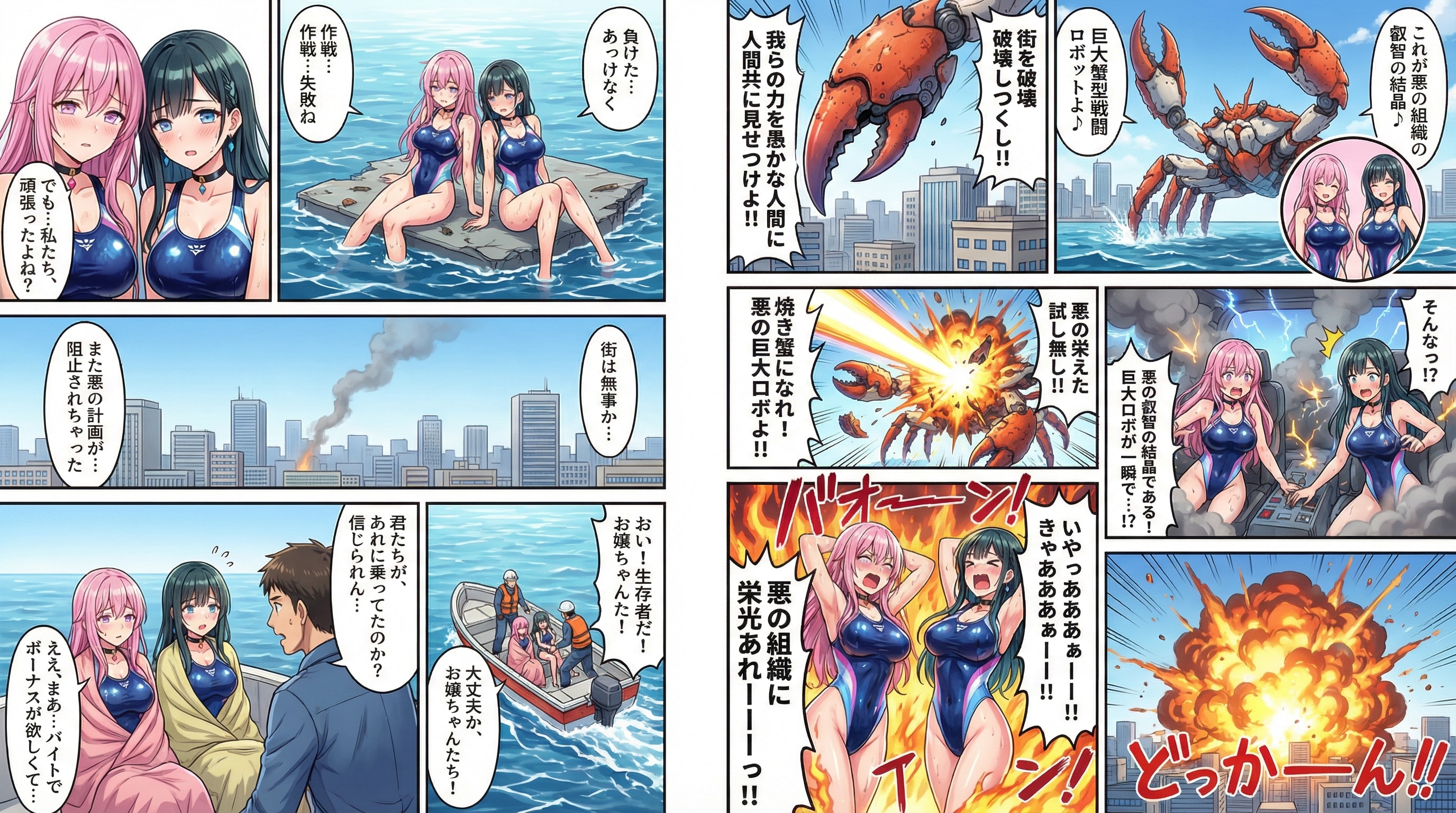 （悪のハイレグ美少女パイロット達に救済あり！なし！お好きな展開をどうぞ♪）・・悪の巨大蟹型戦闘ロボットが平和な街に迫る！でも正義ビームの前では一撃で木っ端みじんだ！！