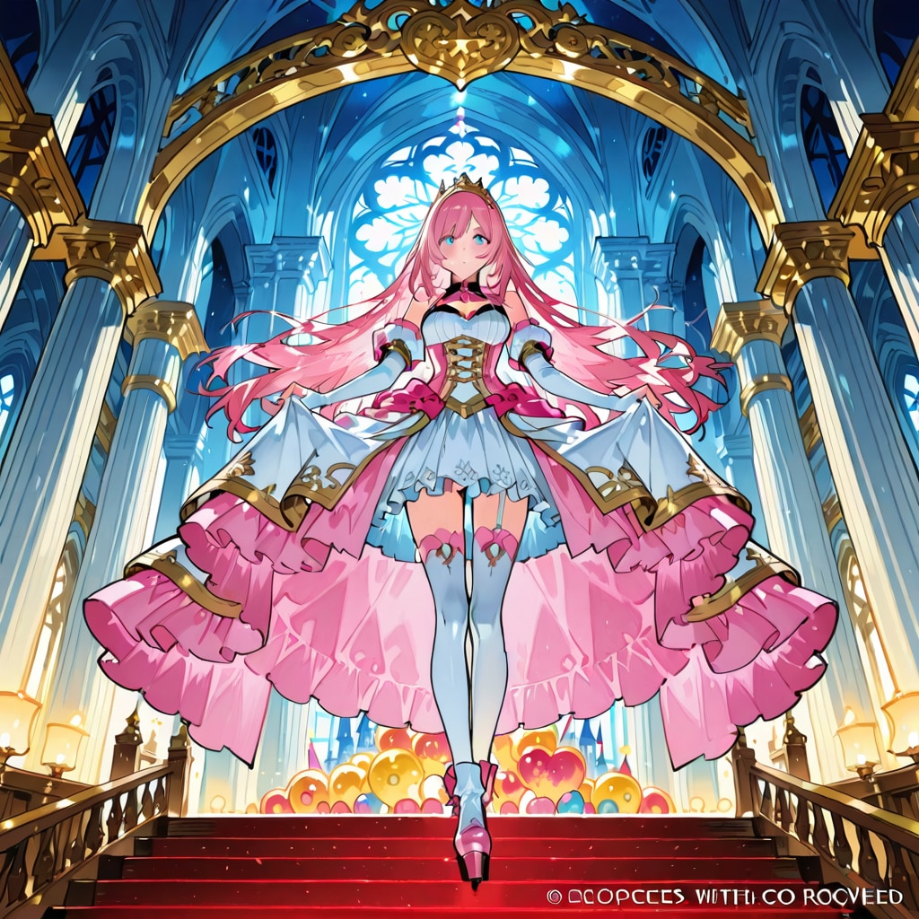 お城の部屋の中でいっぱいの色とりどりの風船で遊ぶピンク髪ロングのお姫様