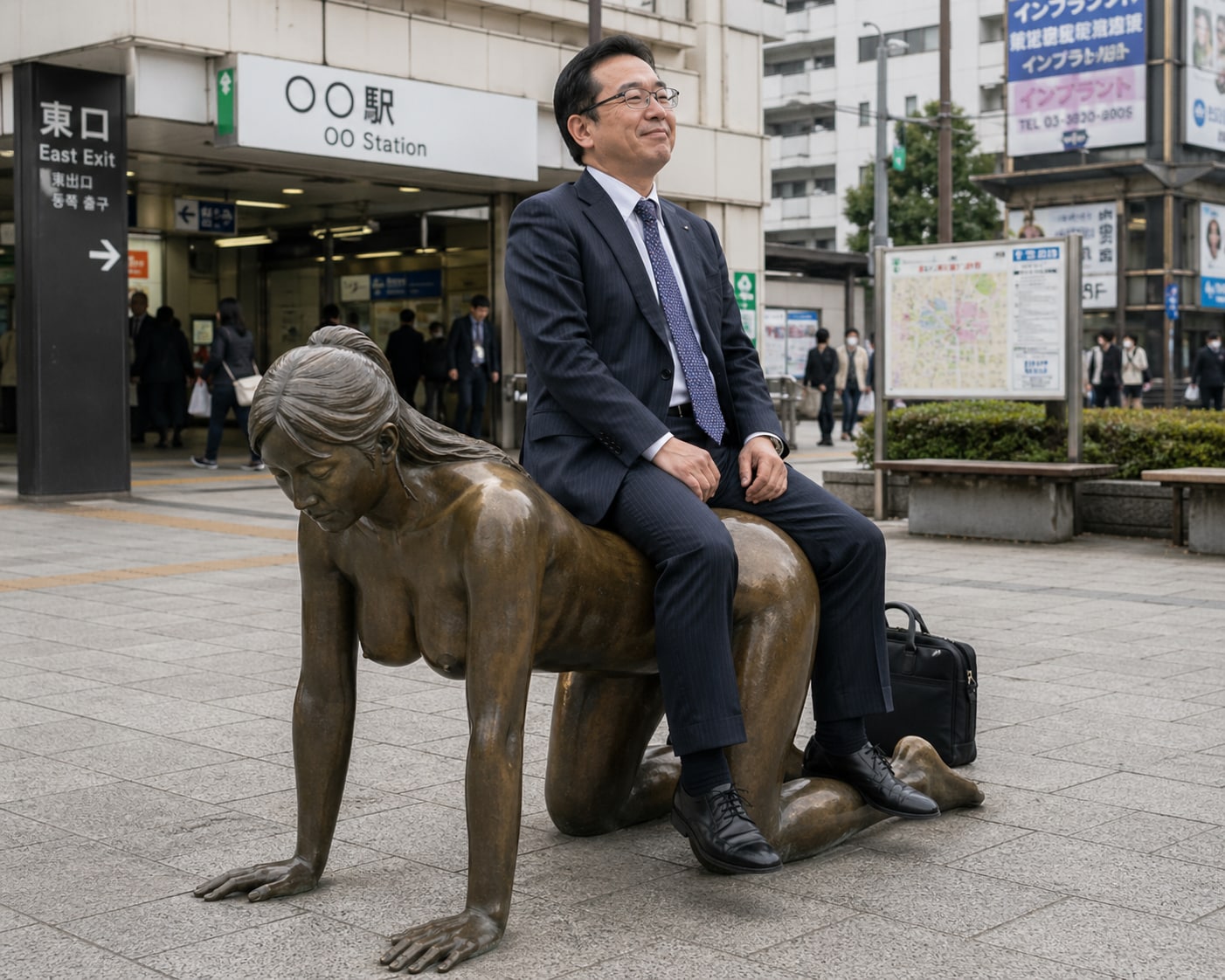駅前のベンチとして利用できる機能性銅像 (GPT Image 2.0)