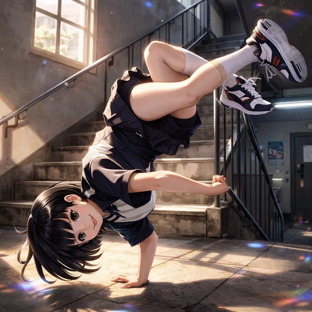 階段の踊り場でブレイクダンスを踊る女の子 | の人気AIイラスト・グラビア