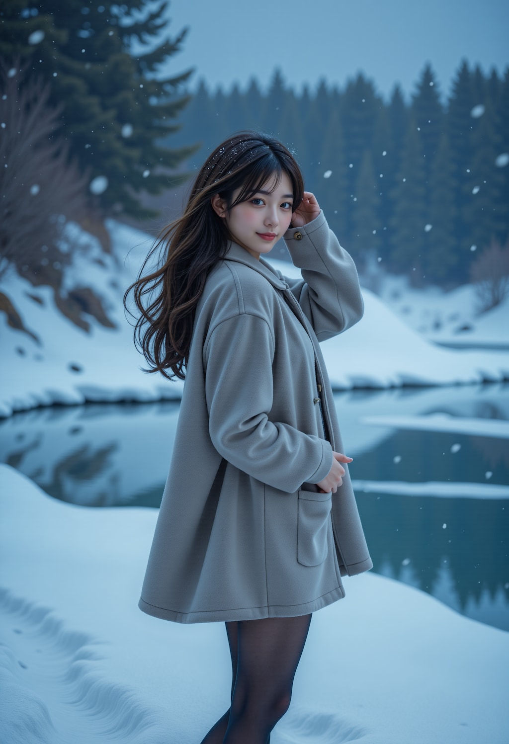 冬の湖畔の女性