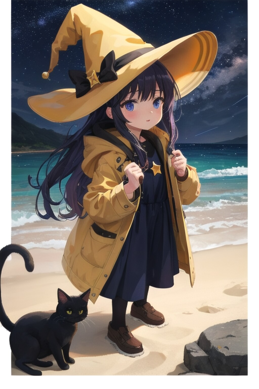 砂浜の小さい魔女と星空