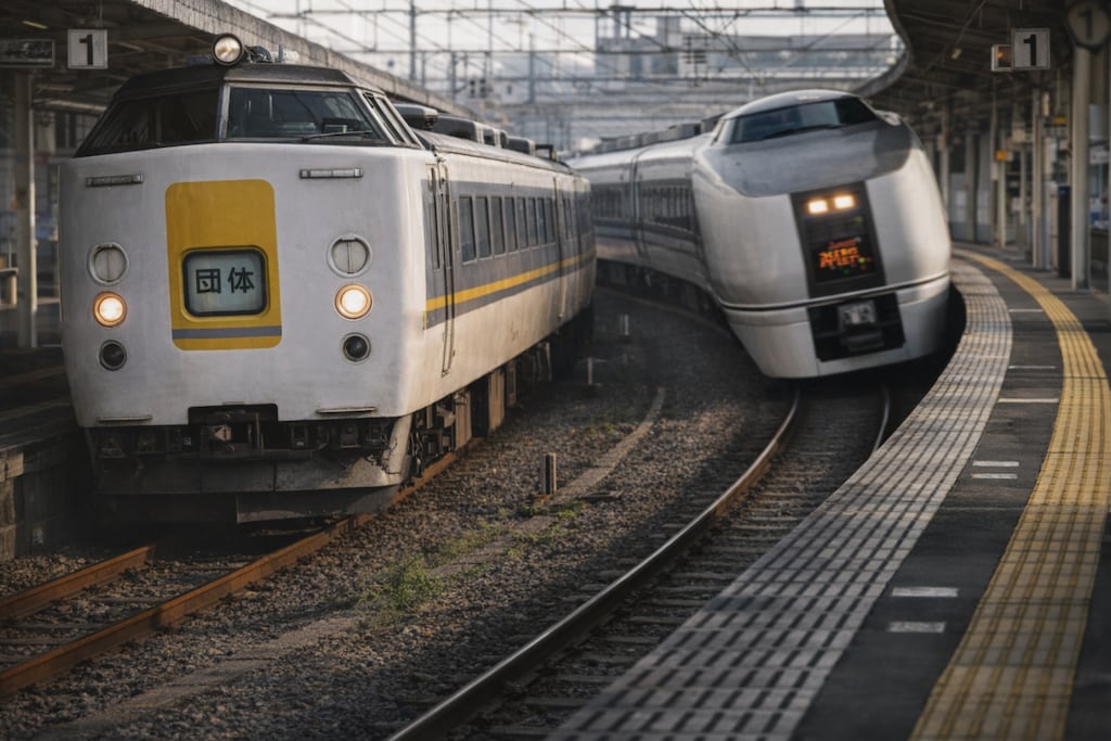 団臨運用中の485系を追い抜く651系