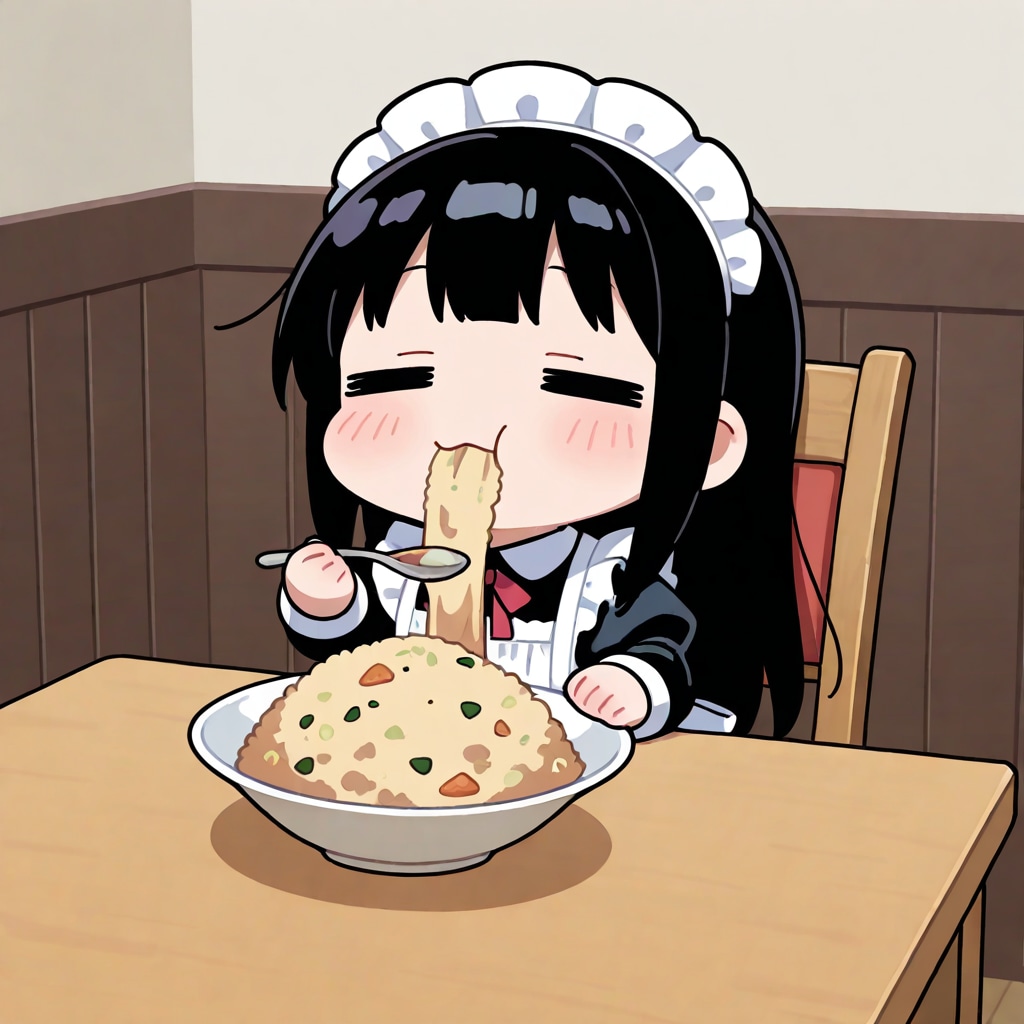 チャーハンを食べる黒髪メイドさん