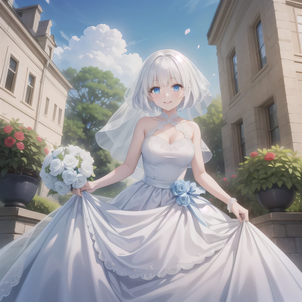 白髪ボブでウェディングドレスの少女４