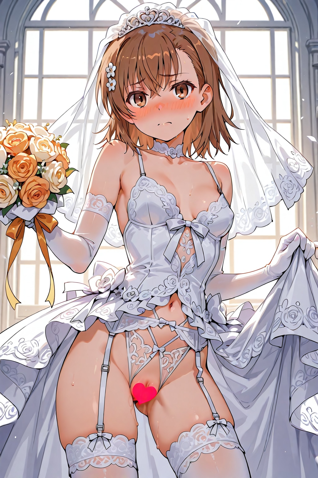 ミサカ妹のランジェリーウエディングドレス ④ 「新郎により可愛い前張りが添えられました そうです 見せてはイケナイ場所でございます！」