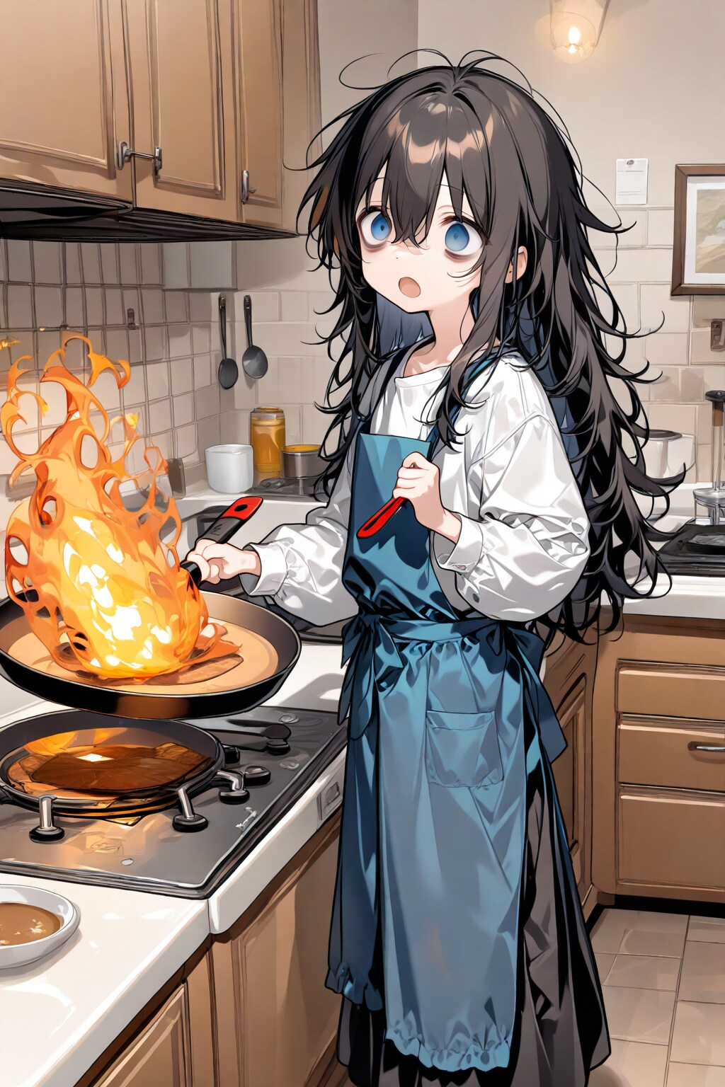 初めて料理に挑戦するボサボサ髪の女子