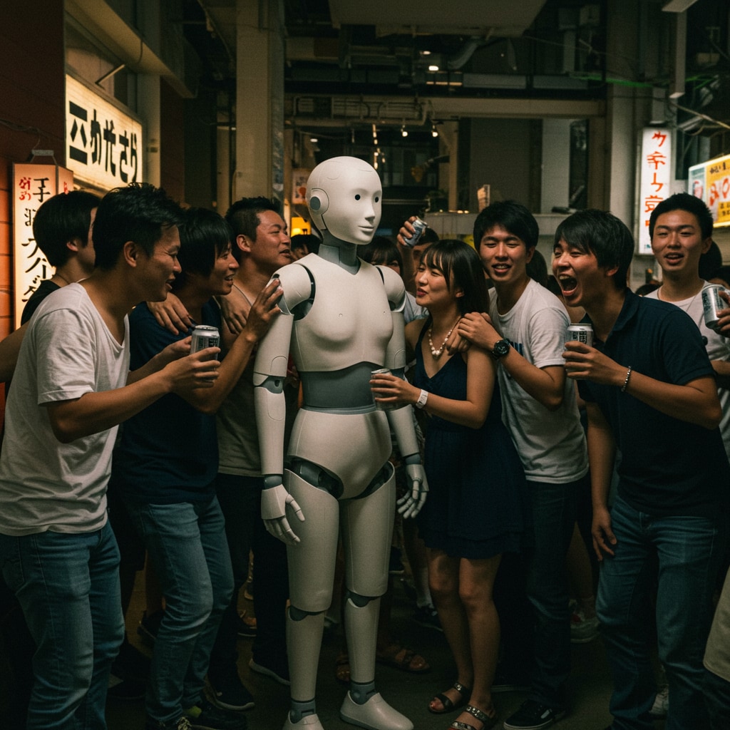 学生の酔っぱらいに遭遇したロボット