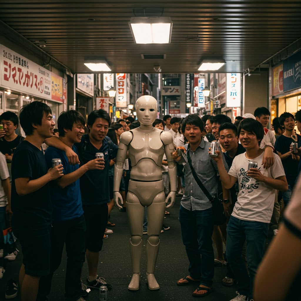 学生の酔っぱらいに遭遇したロボット