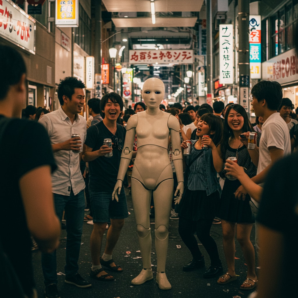 学生の酔っぱらいに遭遇したロボット
