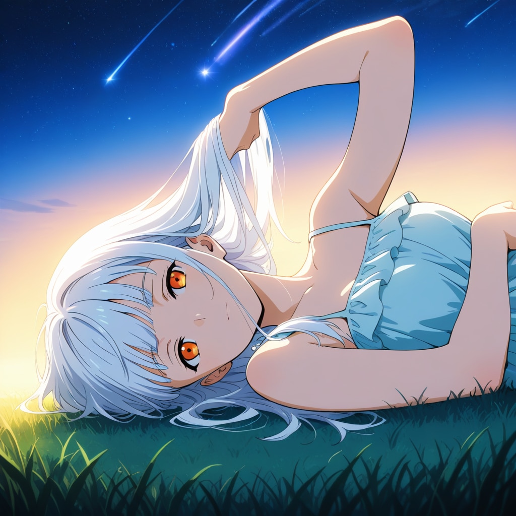 ［の］はらで［ぼ］んやりと［り］ゅうせいを眺めるカスミ