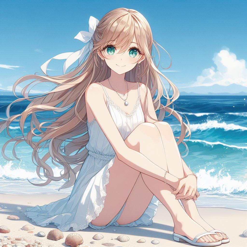 透き通る海と白ワンピースの金髪少女！🏝️
