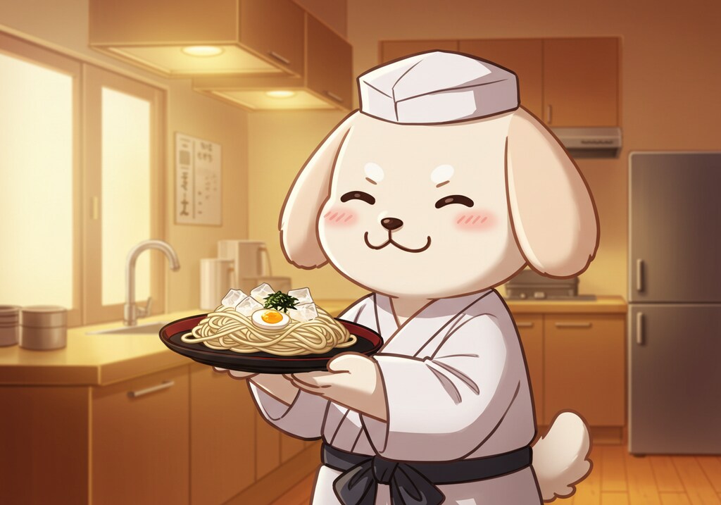 冷やしうどん準備中な摩訶不思議食堂で麺類担当のイヌヤマダ麺職人