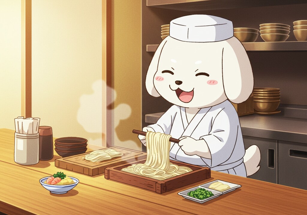 冷やしうどん準備中な摩訶不思議食堂で麺類担当のイヌヤマダ麺職人