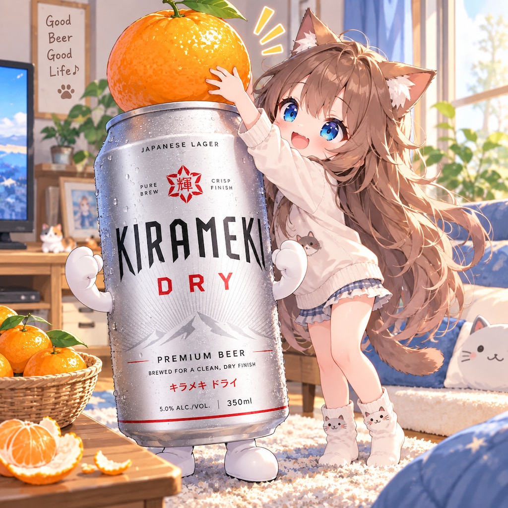 アルミ缶の上にミカンを置く小さな女の子