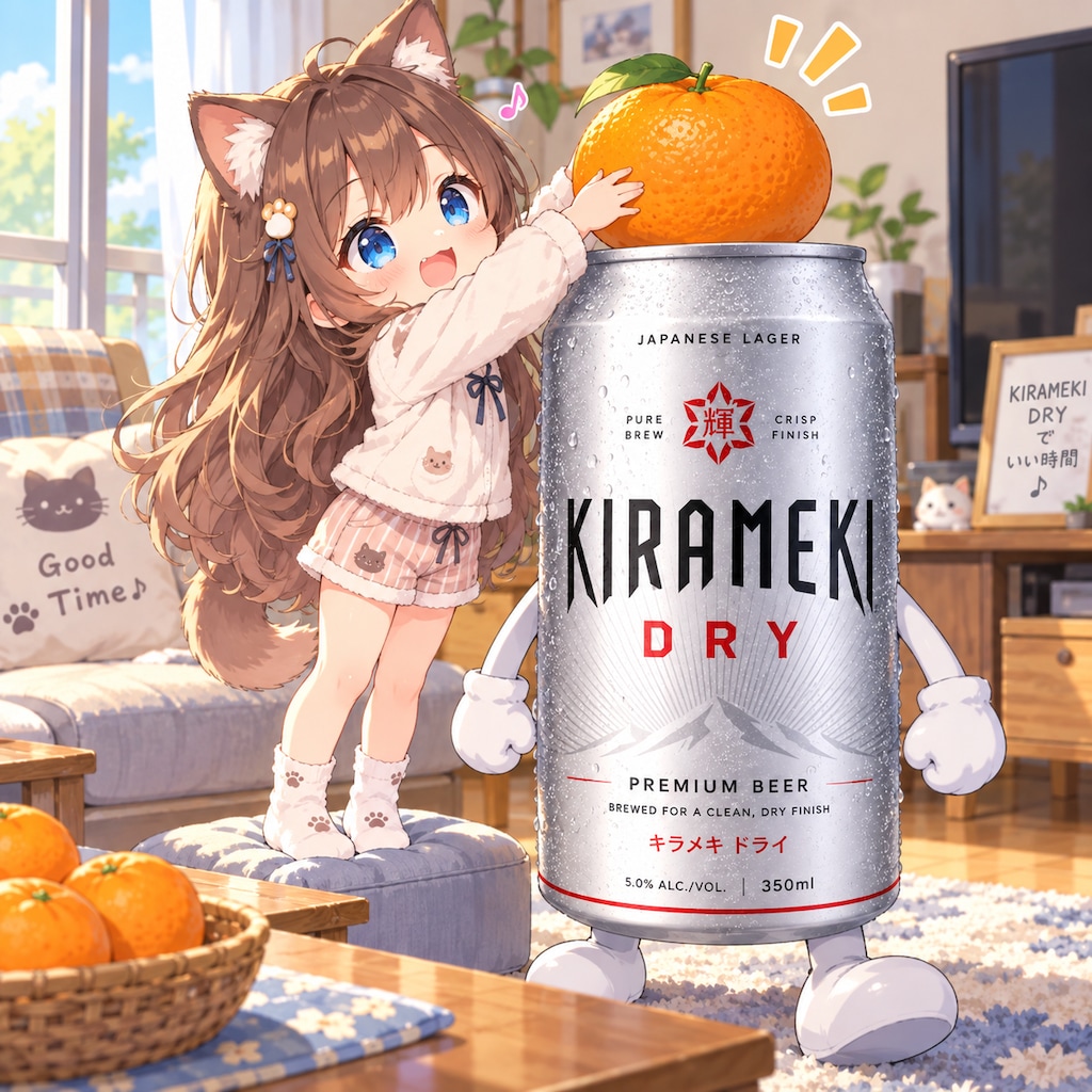 アルミ缶の上にミカンを置く小さな女の子