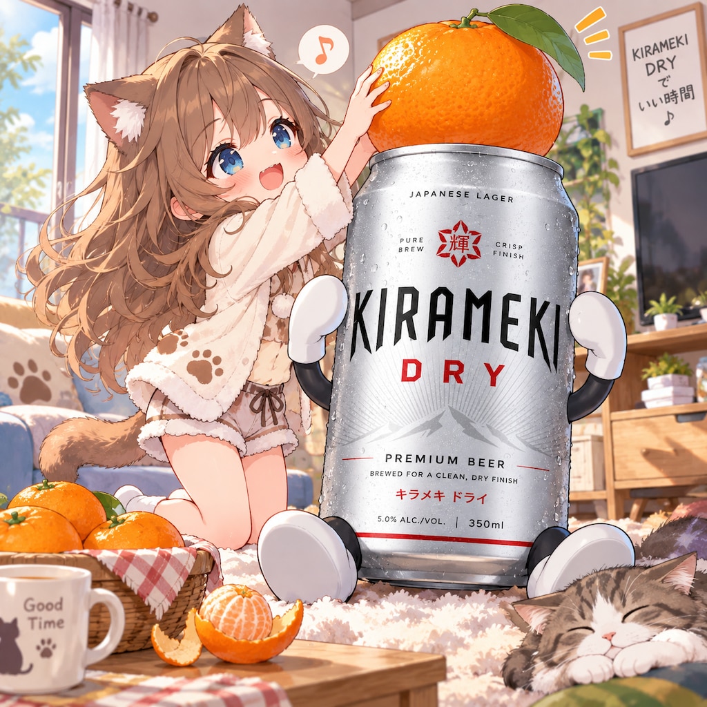 アルミ缶の上にミカンを置く小さな女の子