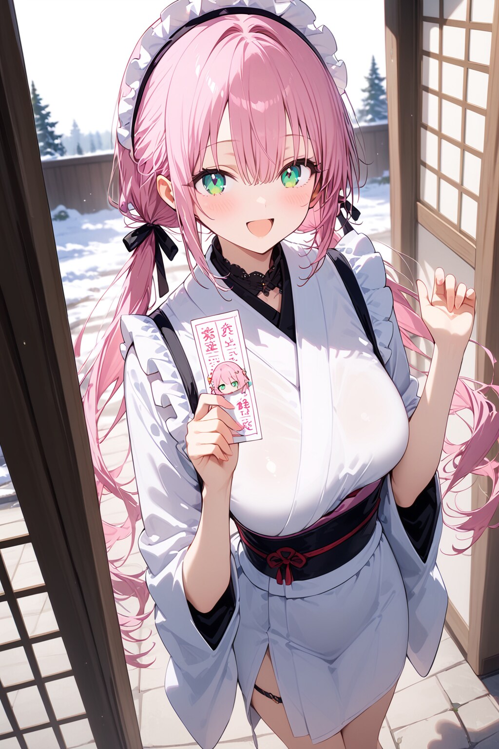 おみくじをひく桃花