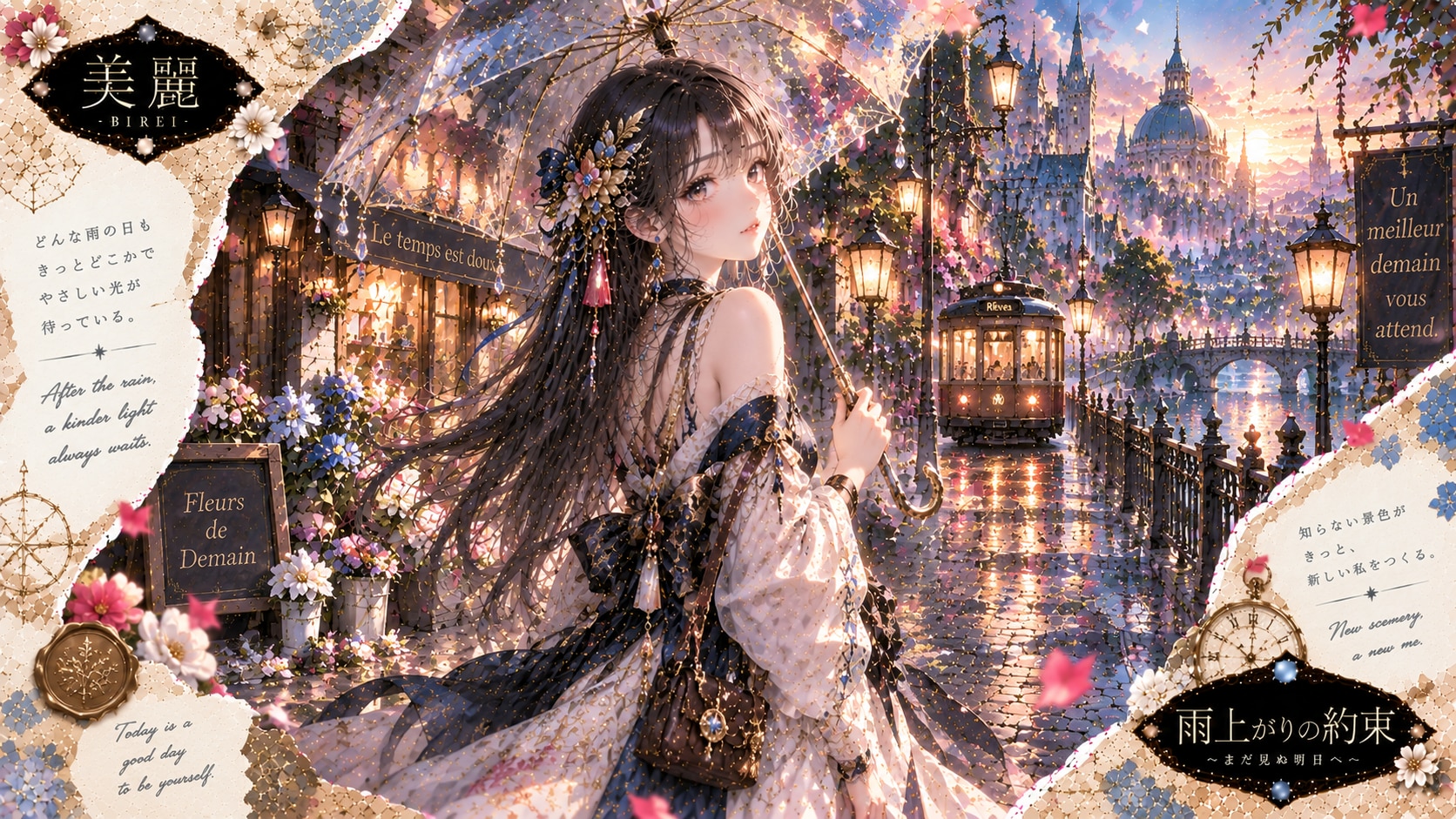 A lace umbrella catching lantern light as a streetcar glides past a glowing, rain-washed city.  Afte | の人気AIイラスト・グラビア