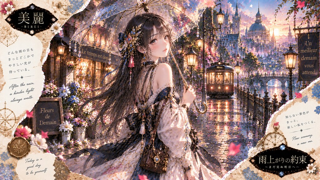 A lace umbrella catching lantern light as a streetcar glides past a glowing, rain-washed city.  Afte