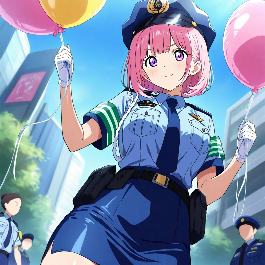 ピンクの風船を持つピンク髪ショートカットの警察官の制服の美女。
