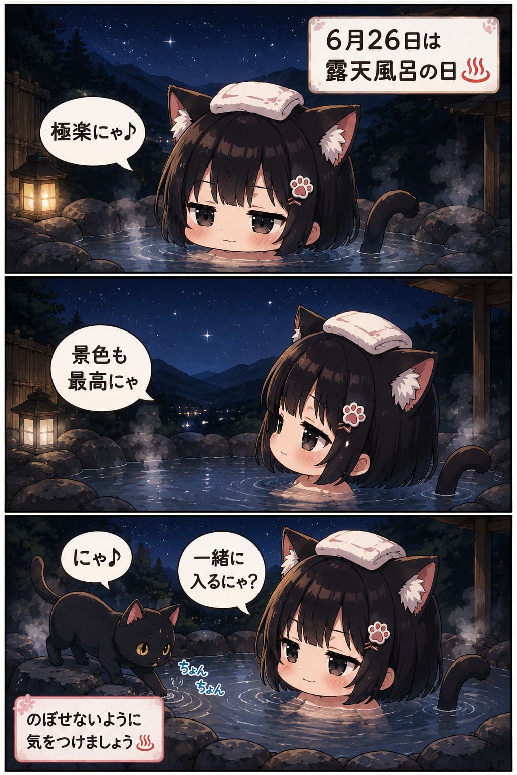 3コマ漫画 2026.06.26. 「露天風呂の日」
