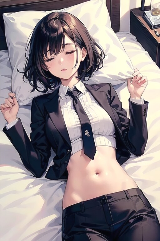へそ出しスーツOLのホテルベッド
