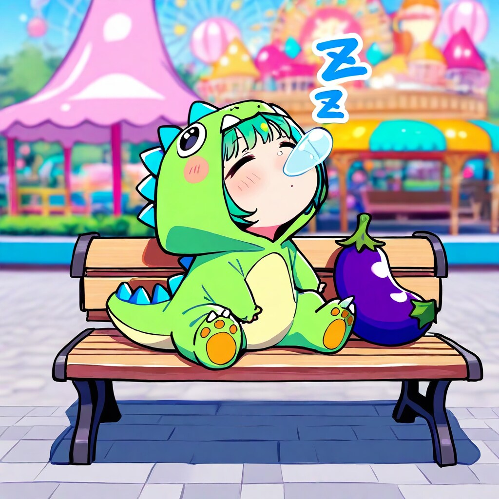 きぐるみで寝る緑髪ちゃん