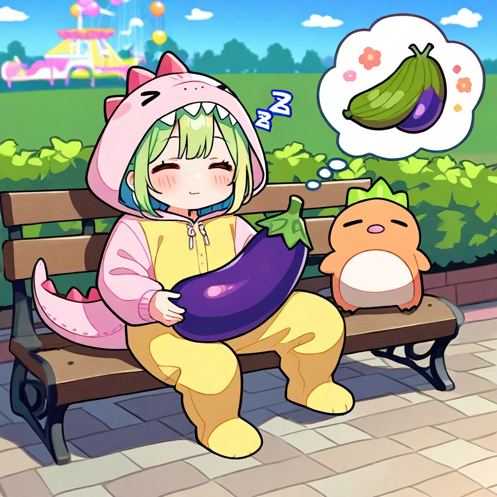 きぐるみで寝る緑髪ちゃん