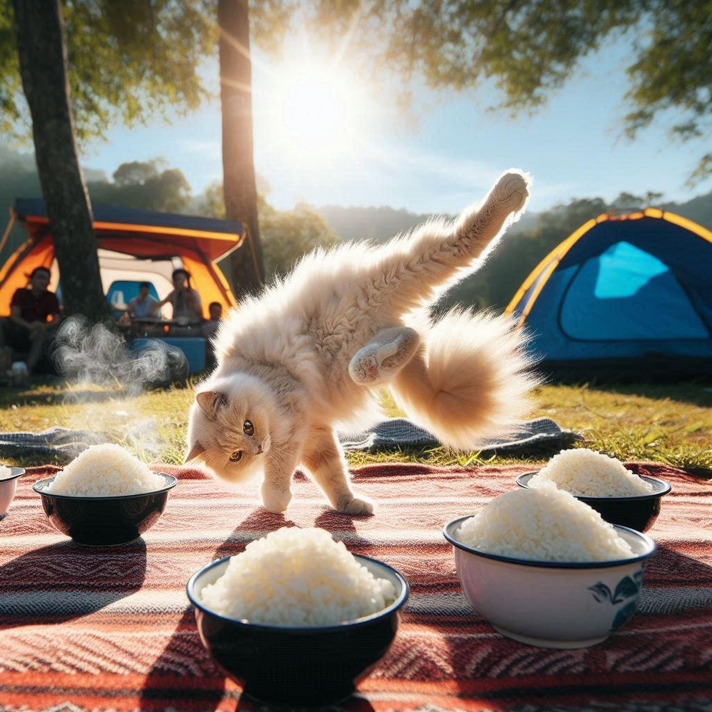 キャンプ飯をたかる猫