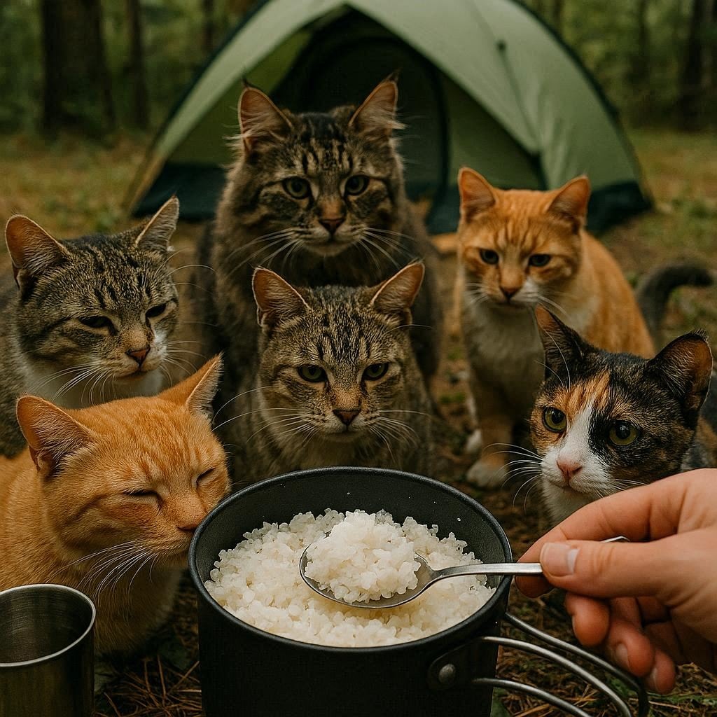 キャンプ飯をたかる猫
