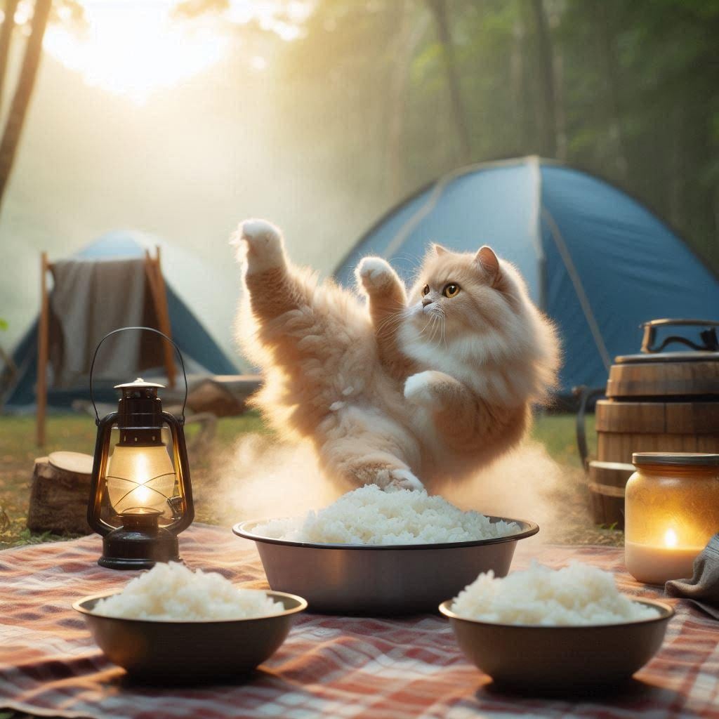 キャンプ飯をたかる猫