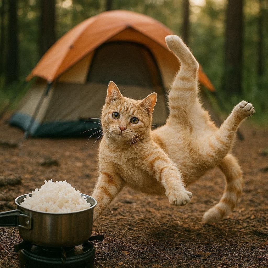 キャンプ飯をたかる猫
