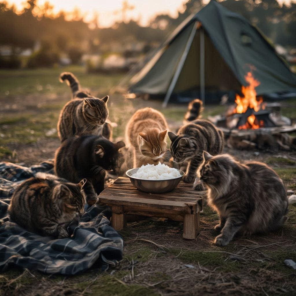 キャンプ飯をたかる猫