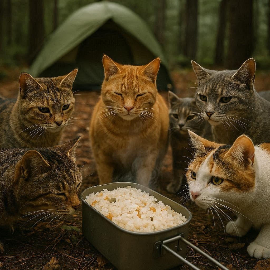 キャンプ飯をたかる猫