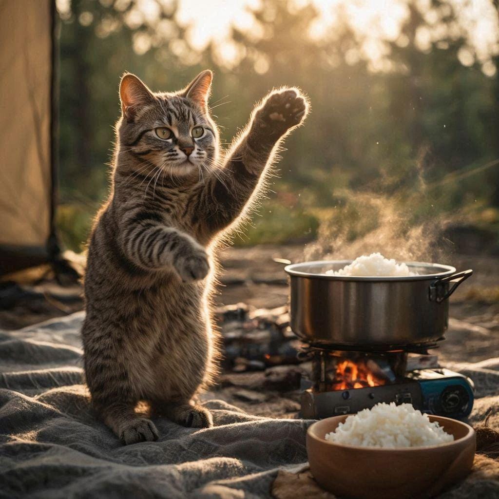 キャンプ飯をたかる猫