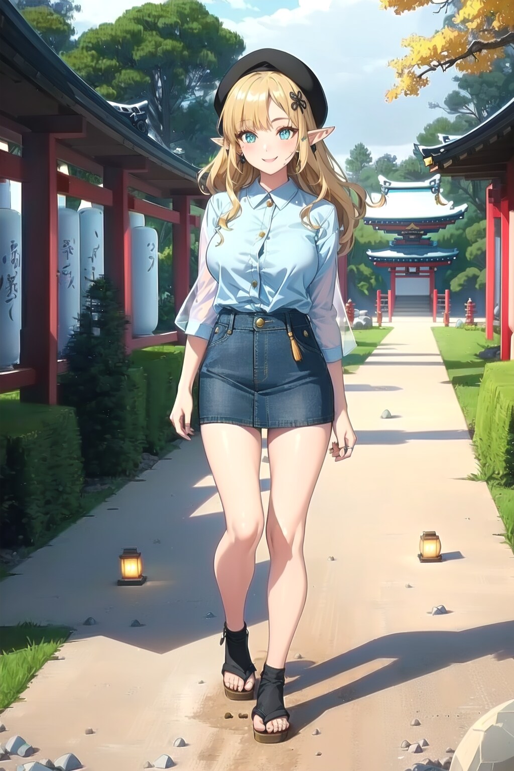 デニムとベレー帽