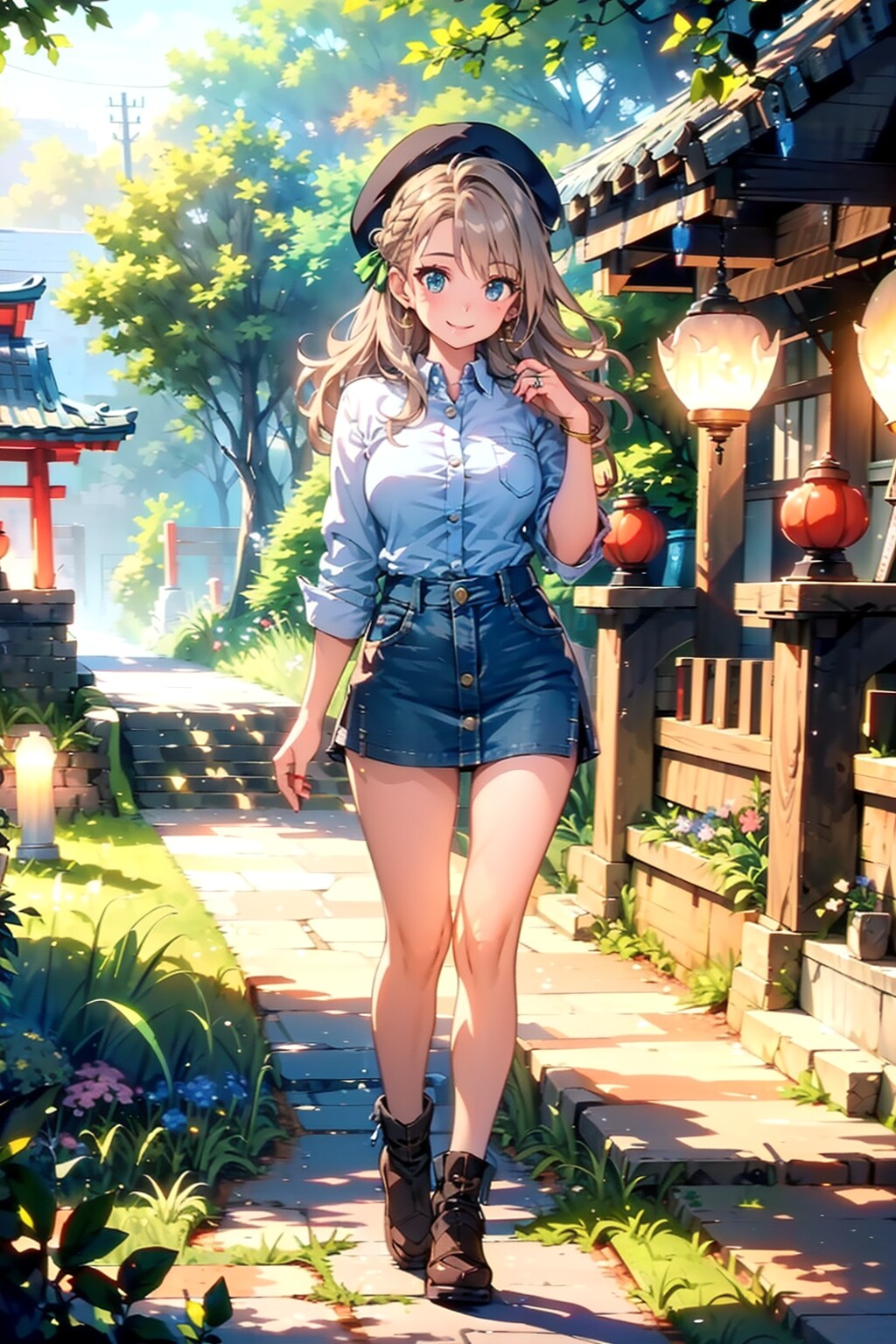 デニムとベレー帽